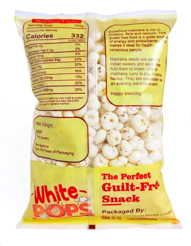 White Pops Solitaire Makhana Foxnuts Gorgon nut Gluten Free Vegan Snacks Healthy Diet Immunity Booster Snacks Water Lily pops, Solitaire Makhana or Foxnut (250 Gram)